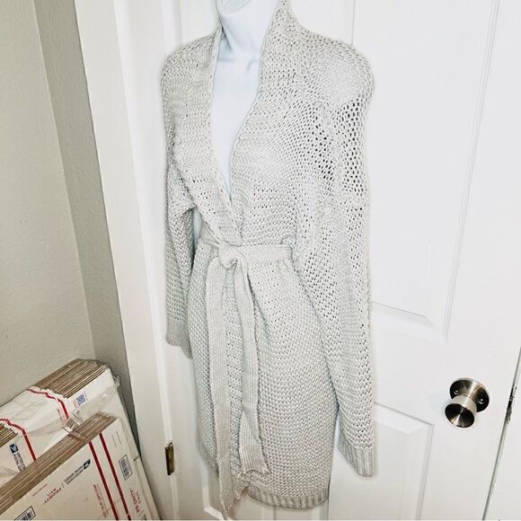 Miracle Relax More Grey Midi Cardigan Tie Chunky Knit M/L - Picture 10 of 13